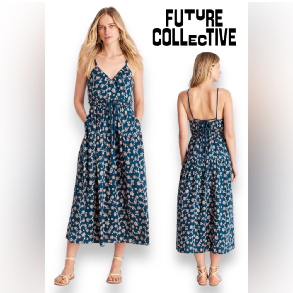 Future Collective Midi Dress Sleeveless Rope Tie Ruched with Jenny K. Womens NWT